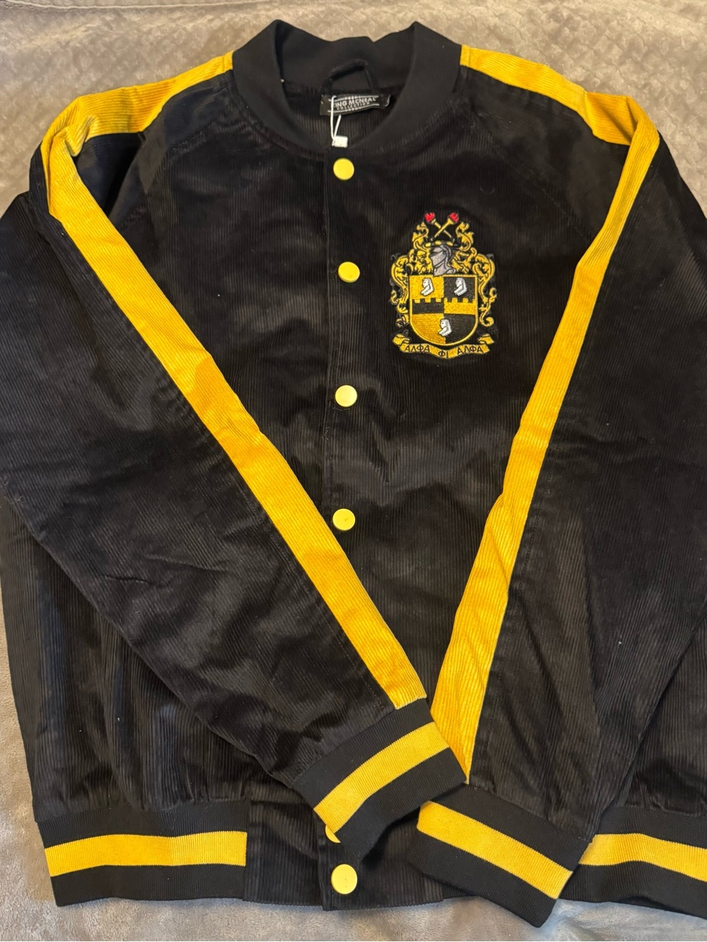 Brand New King McNeal Alpha Phi Alpha Corduroy Bomber with Yellow Crest Detail - Picture 2 of 4
